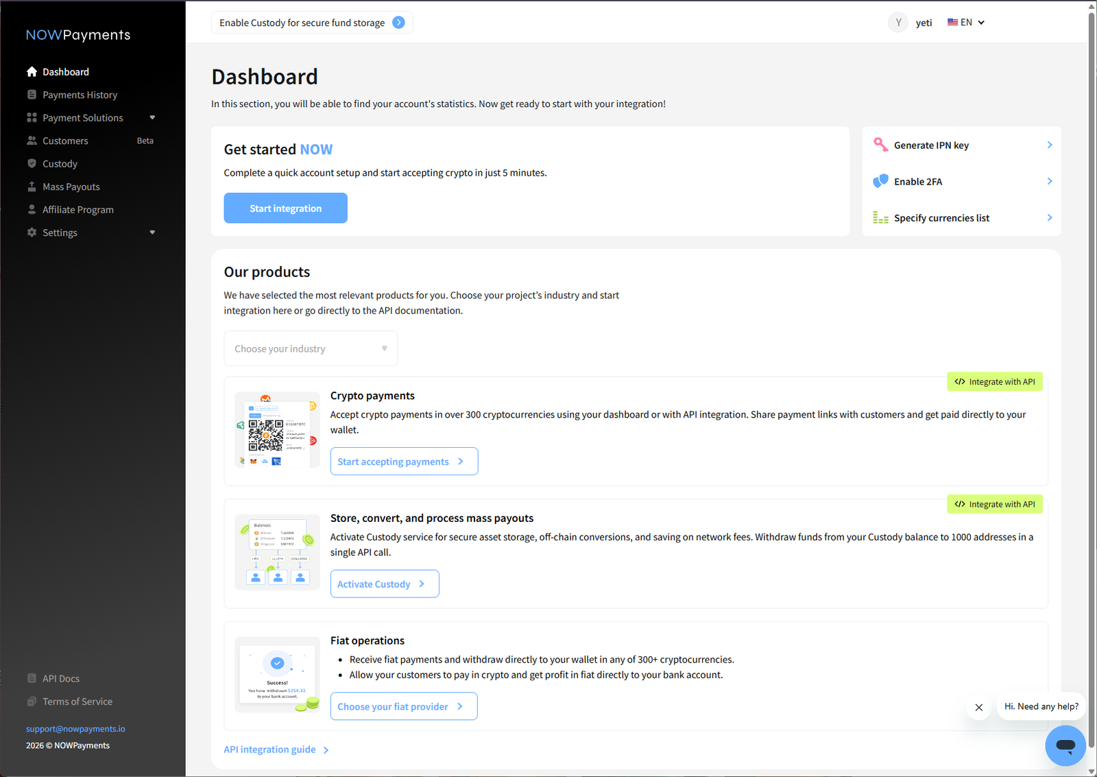 NOWPayments dashboard overview